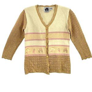 Storybook Knits Cardigan Sweater Women Size S Nautical V Neck Gold Embroidery